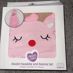 Parent's Choice Pink Red Nosed Reindeer Muslin Swaddle and Beanie Set